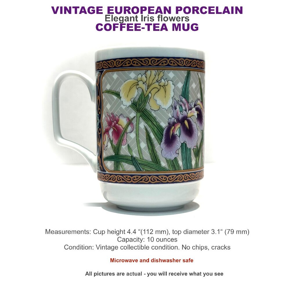 VINTAGE PORCELAIN Elegant Iris flowers  COFFEE-TEA MUG
